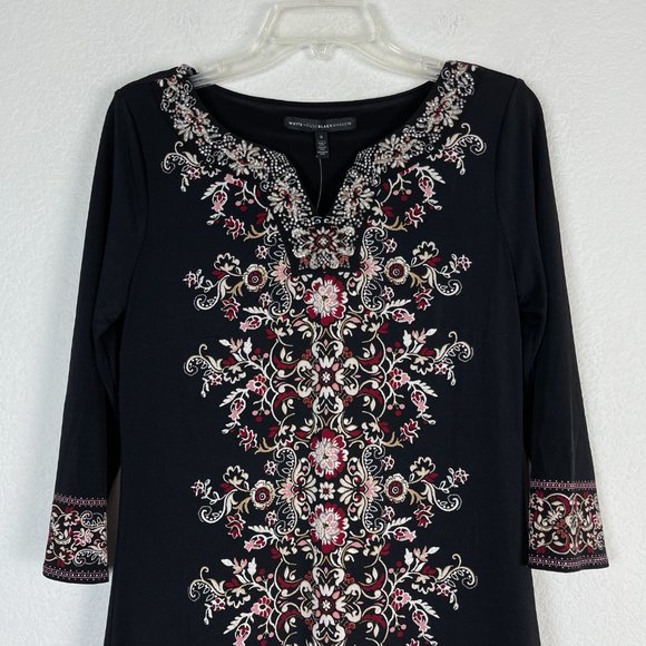 WHBM Pleated Hem Floral Knit Shift Black Dress - Picture 7 of 12